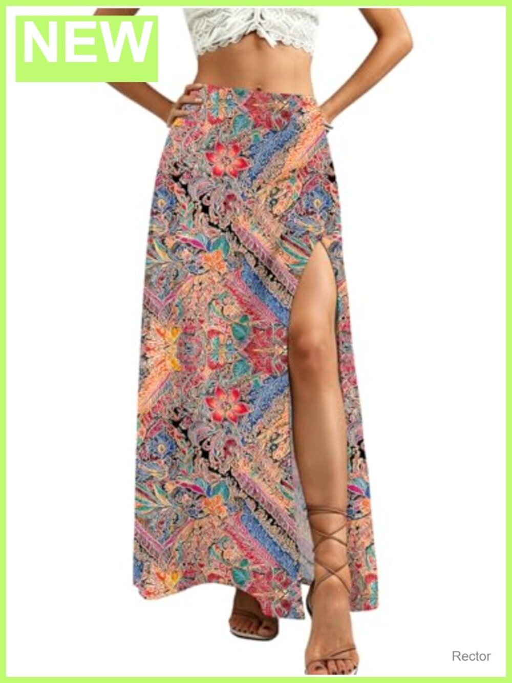 Boho Floral Maxi Skirt with Slit and High Waist